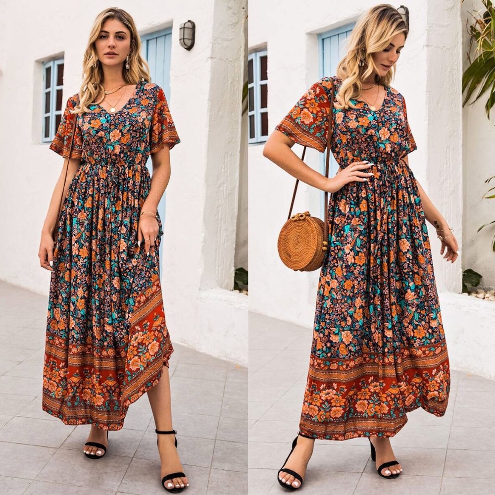 Boho Gypsy Flutter Sleeve Floral Print Maxi Dress | Color: Silver | Size: S | Bellanblue's Closet